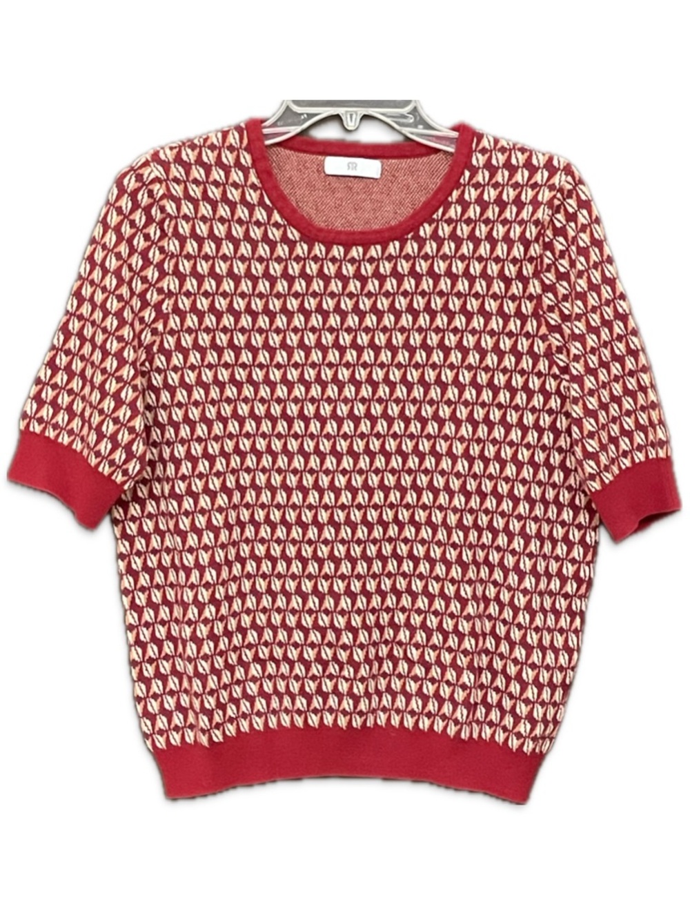 La Redoute sweater Jacquard knit top burgundy red tan geometric pattern Retro XL